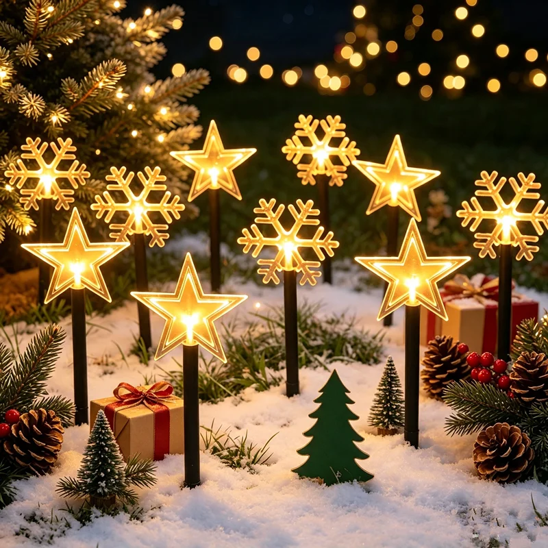 Christmas Yard Decoration Waterproof Solar LED Path Lights, Star Snowflake Fawn bell Landscape Lighting for Lawn Patio Holiday