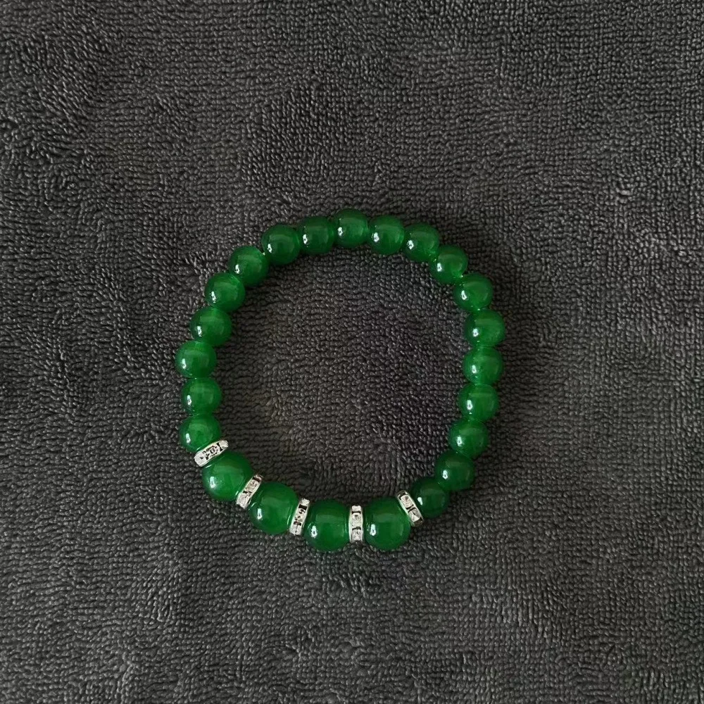 2Pcs Imitated Emerald Beaded Stretch Bracelet, Round Green Bead Bracelet with Rhinestone Spacers, Oriental Fashion Lucky Jewelry for Women