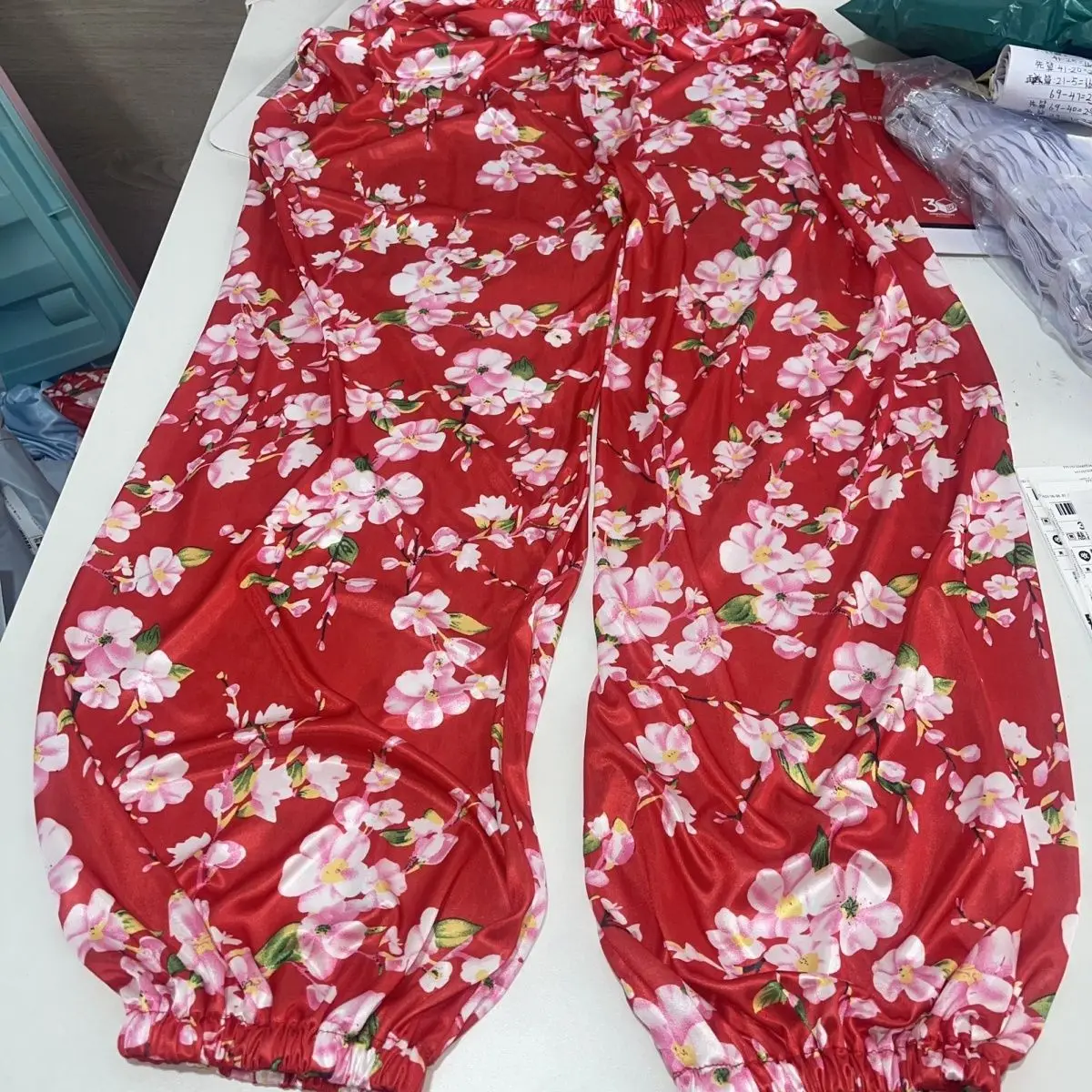 Plus Size Men Women Silky Touch Lantern Pants Red Floral Print Glossy Ice Silk Smooth Elastic Soft loose sleeping Trousers