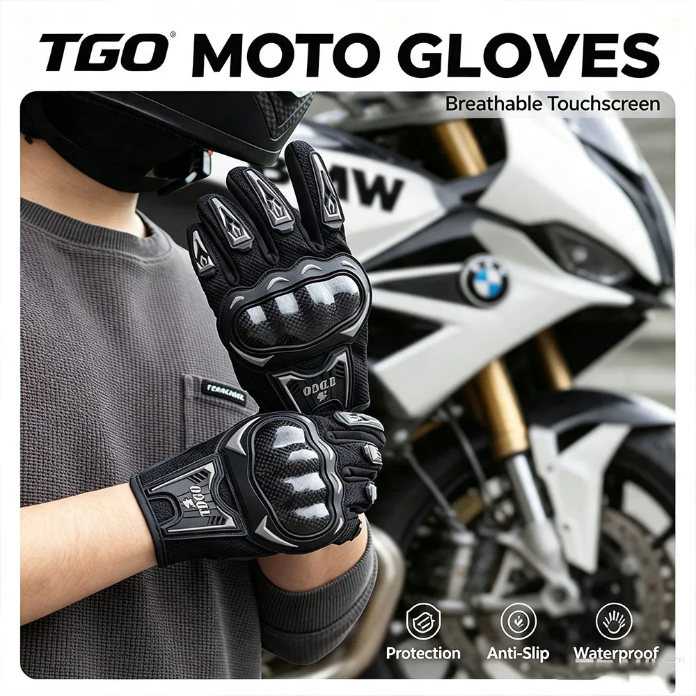 Carbon Fiber Shell Motorcycle Riding Gloves Breathable Mesh Touch‑Screen Non‑Slip Palm Joint Protection Adjustable Gloves