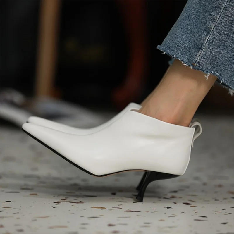 Size 43 Ankle Boots Modern Lady Shoes Kitten Heel Cowhide Winter Boots European Sexy Women Shoes Pointed Toe Female White Shoes