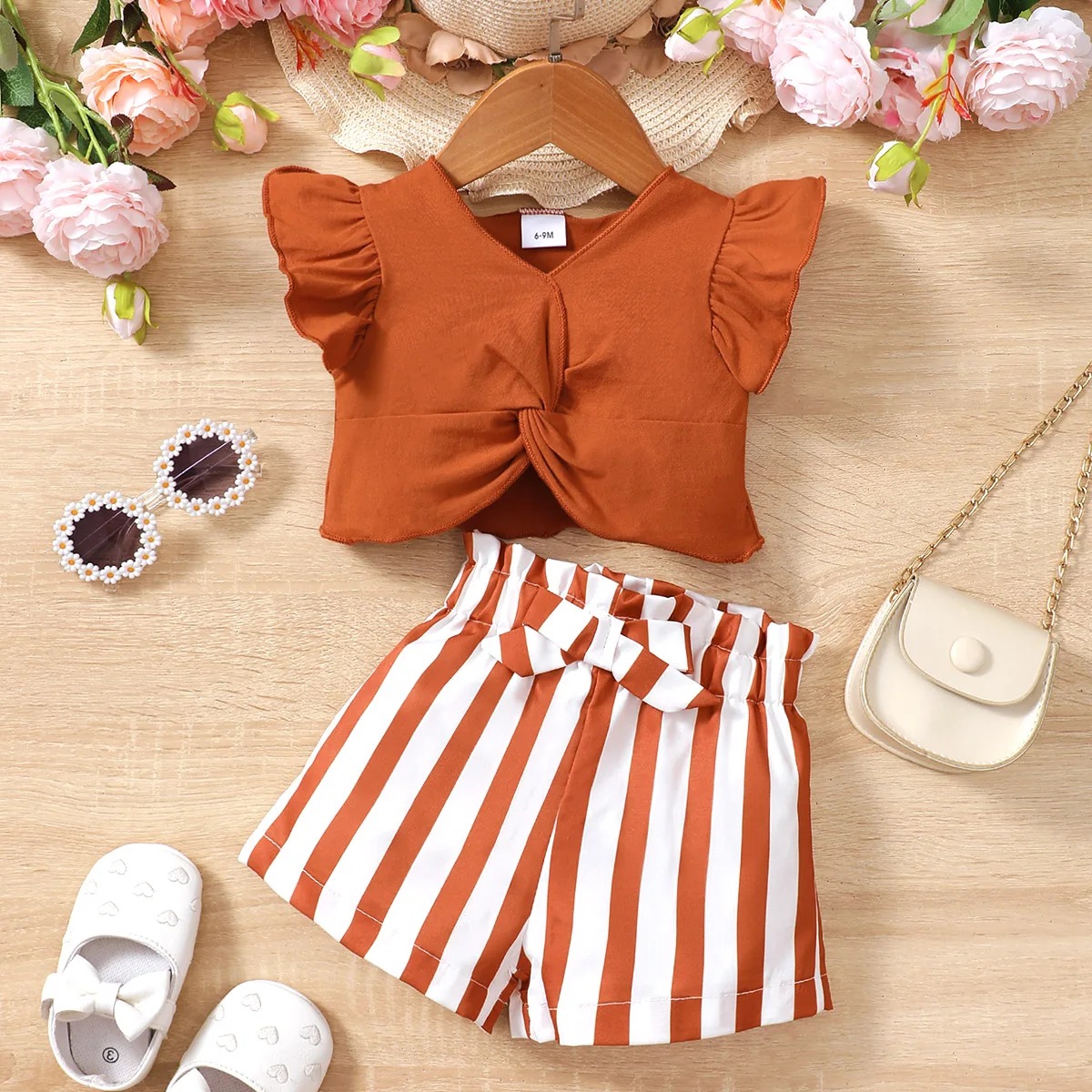 0-2 Year Old Baby Girl Summer Fashion Love Collar Ruffled Short Sleeved And Striped Shorts Two-piece Set