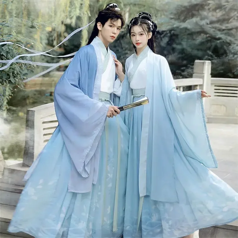 Chinese Hanfu Costume Men&Women Halloween Carnival Cosplay Costume Couples Party Outfit Ancient Blue Printed Hanfu Dress