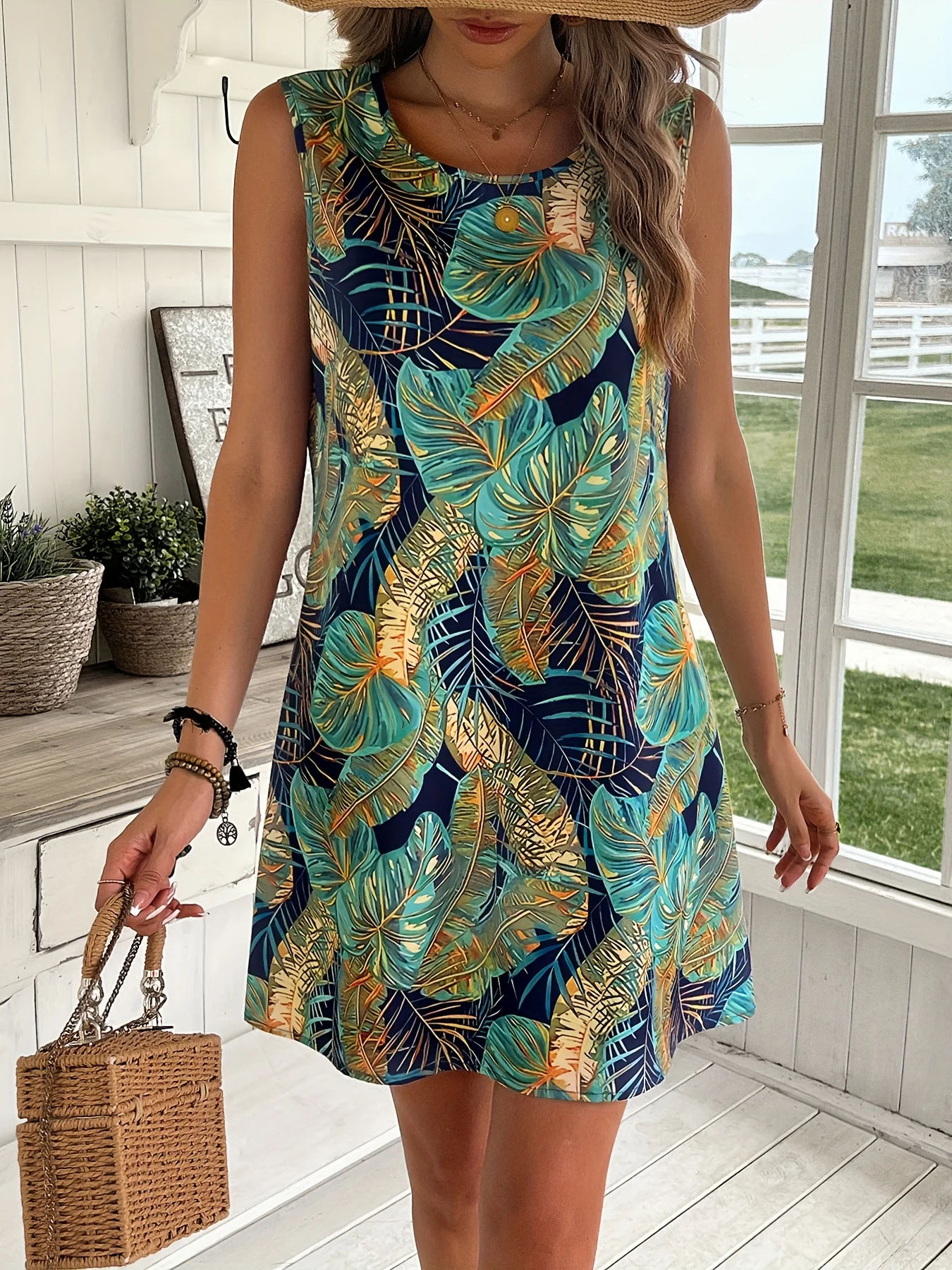 Ärmelloses A-Linien-Kleid für Damen mit tropischem Blumendruck, Strandkleid für den Sommer, lässiges Urlaubsoutfit, atmungsaktive Y2k-Kleidung, T-Shirts