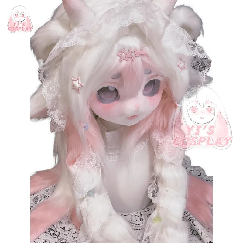 Benutzer definierte pelzige Kopf Kigurumi Kopf Cosplay Kemono Fursuit handgemachte Headsets maßge schneiderte Fursuit Kemono Kopf entzückende Kristall creme