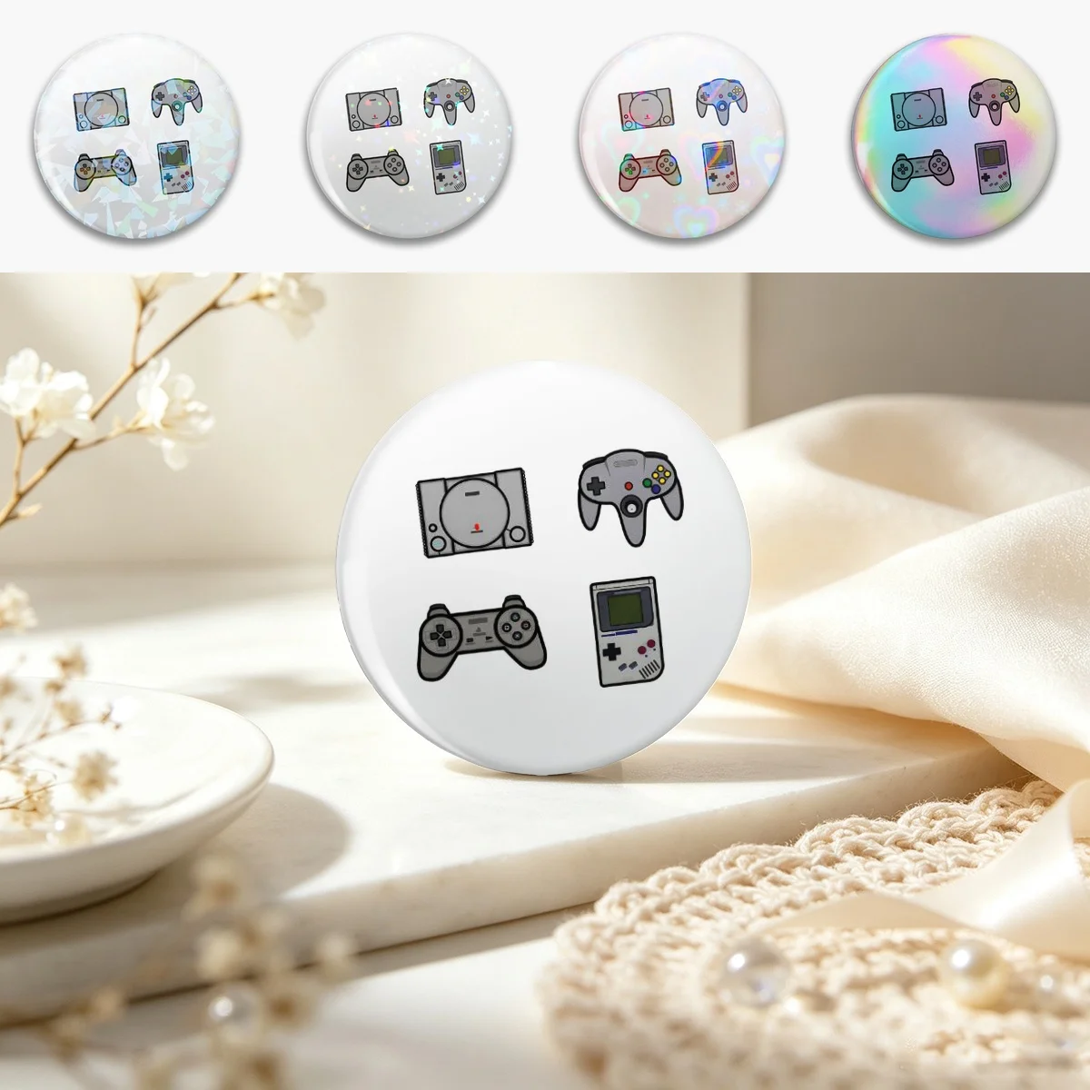 Old School Gaming Pin Holographic Star Heart Pin Brooches Laminated Button Fashion Accessory