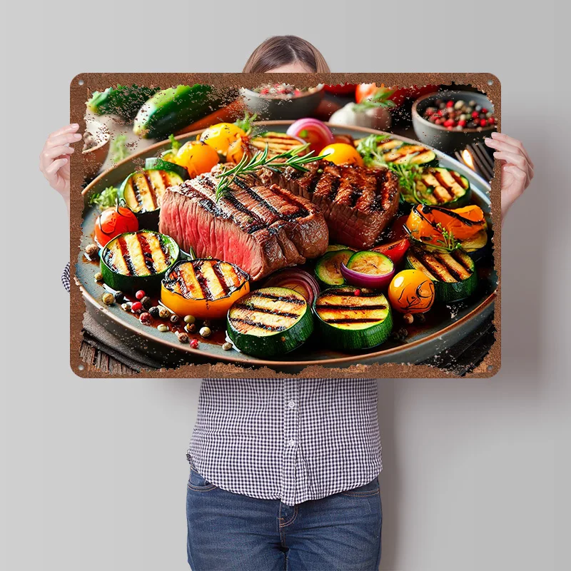Grilled Steak With Vegetables on Plate Poster Customized Wall Art Vintage Metal Signs Retro Tin Plaque for Man Cave Office Decor