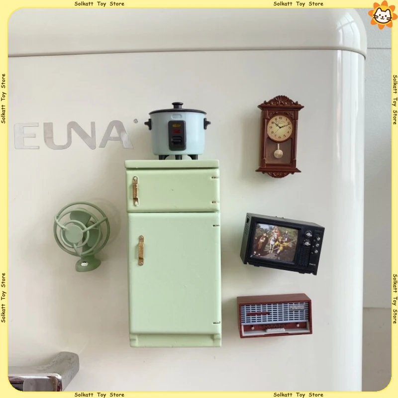 Vintage 80s Fridge Magnets Mini 3D Furniture Electric Fan Retro Clock Cabinet TV Appliances Home Decoration Wood Plastic Gifts