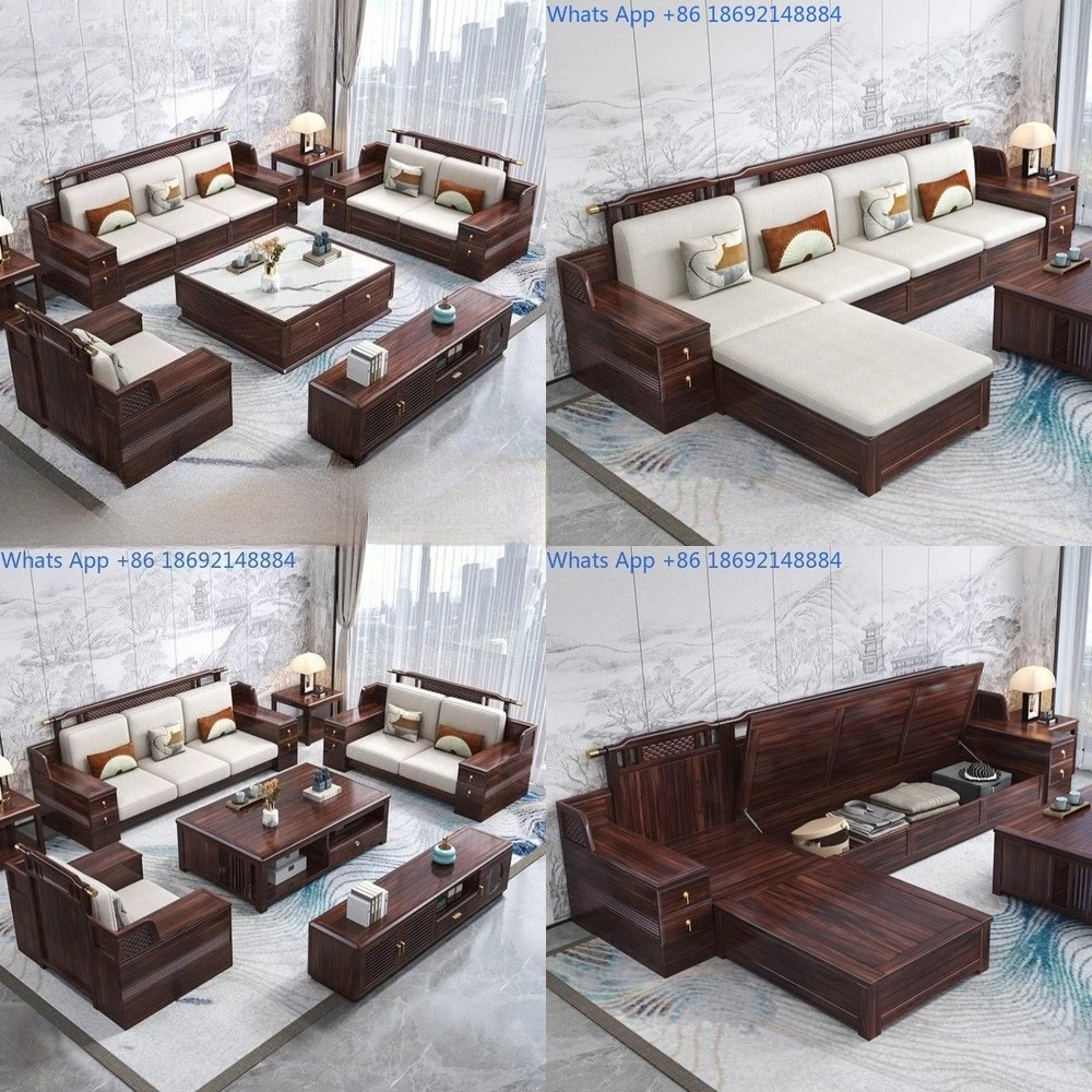 Solid Wood Modern Chinese Style Sofa for Living Room Large Size Fabric Sectional with Storage Function Suitable for Home Use