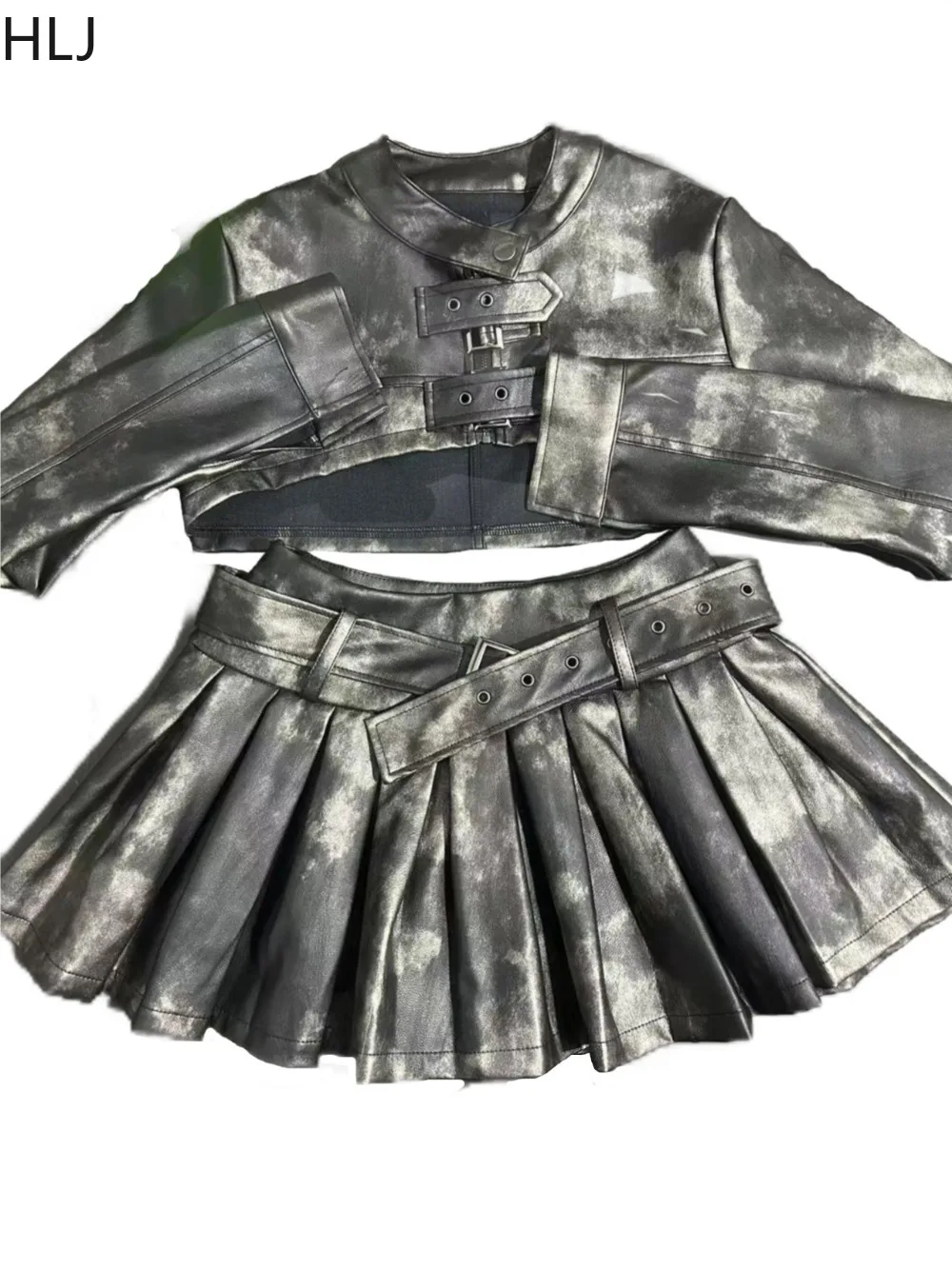 HLJ Fashion Leather Two Piece Set for Woman Black Zipper Long Sleeves Crop Jacket And Pleated Skirt Female Streetwear 2025 New