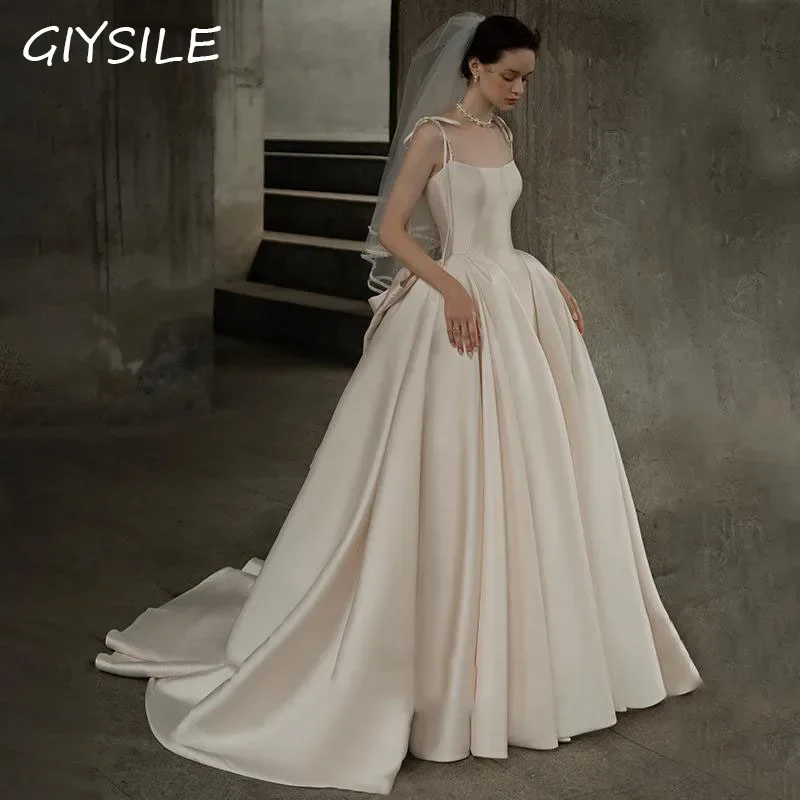 Robe de Mariée Principale en Satin à Bretelles Vintage, Magnifique, Classique, Légère, Longueur au Sol, Nouvelle Collection