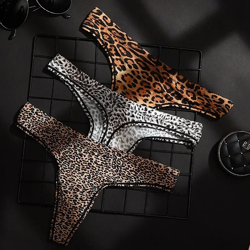 New sexy sexy women's underwear leopard print ice silk seamless thong briefs