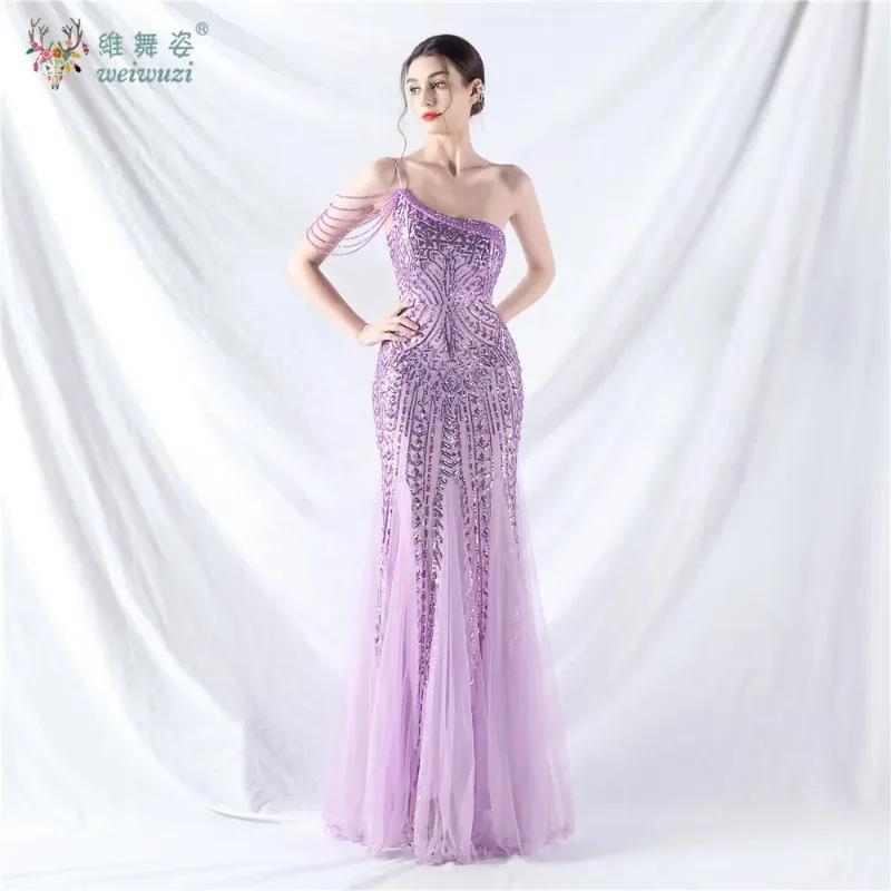 Vestido largo de cola de pez con lentejuelas y un hombro, vestido de noche de encaje ajustado con patrón de cuerdas y cuentas de cristal, vestido Formal con parte inferior de tul
