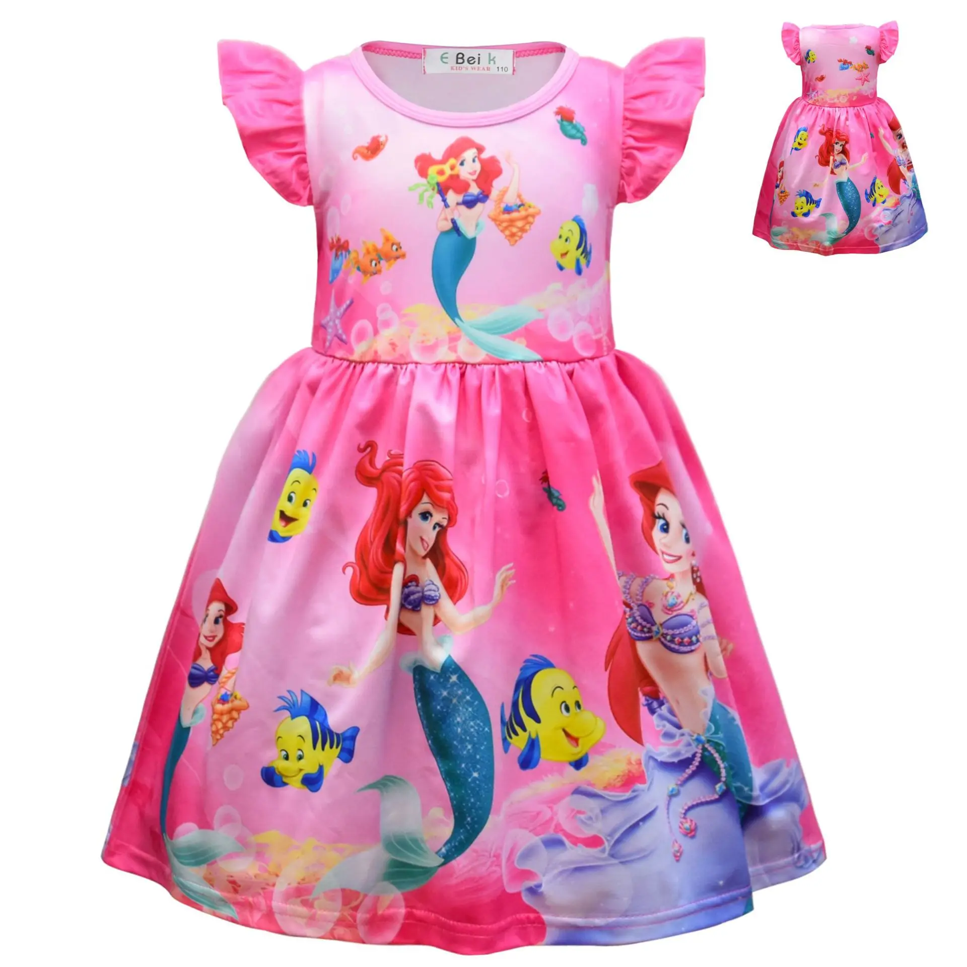 Disney Princess Children\'s Mermaid Skirt Girl Flying Sleeve Skirt Cute Girl Dress Birthday Party Gift for Children Kids Clothes