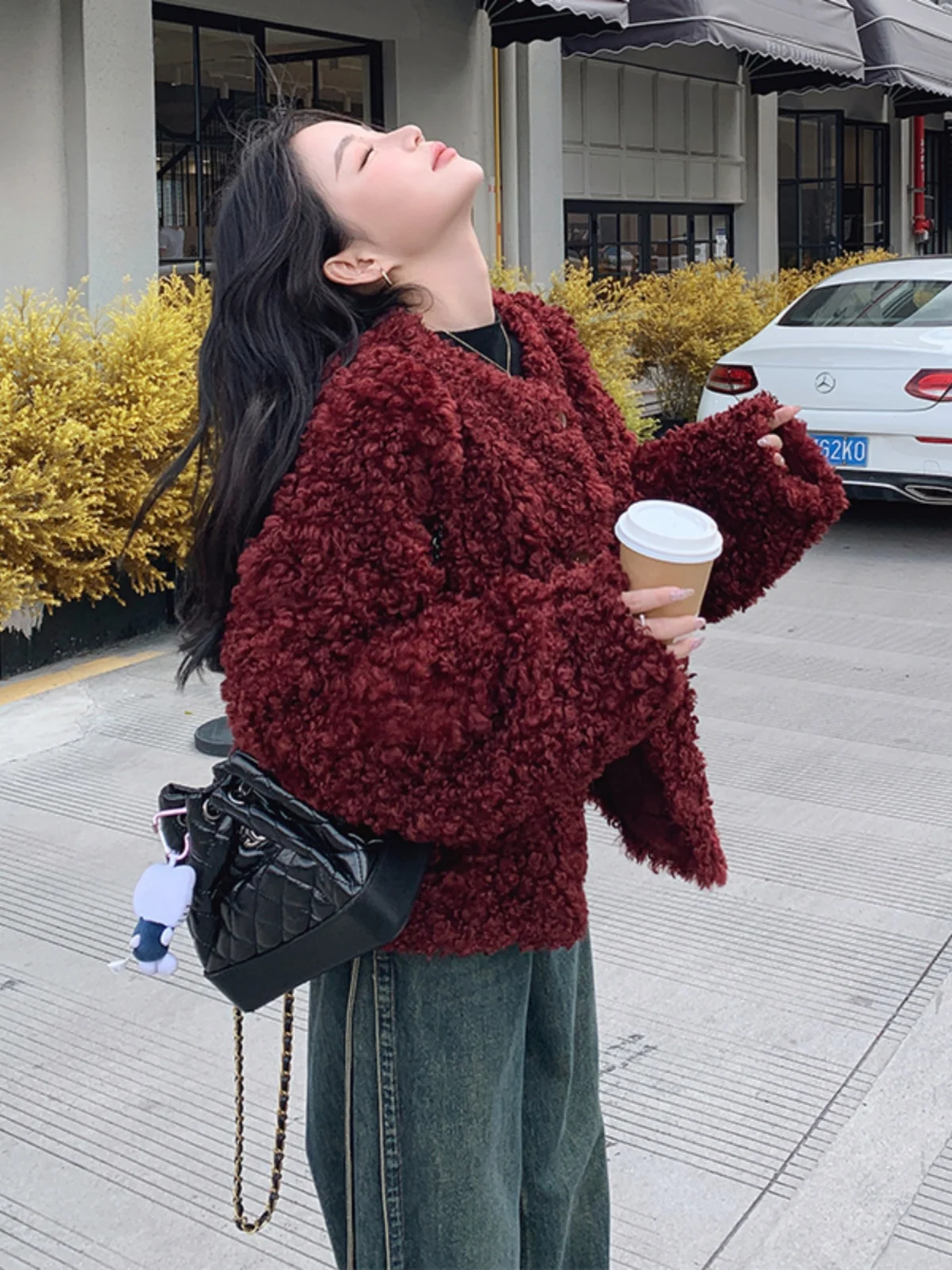 

Ankela Red Gold Velvet Lamb Fur Jacket Women Short Thickened Autumn Winter New Fluffy Soft Pure Color Button round Neck Coat