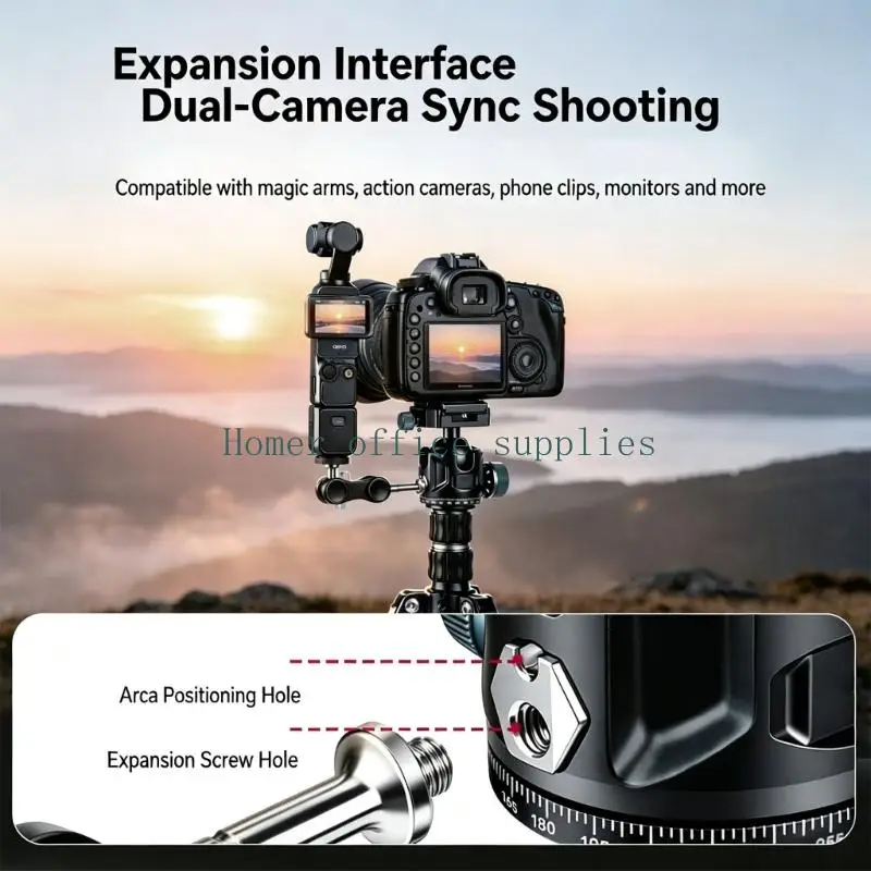 K43B Aluminum Camera Ball Head with Open U-Shaped Frame, Quick-Release Plate Clamp, Hand-Operated Angle Controls, and Holes for