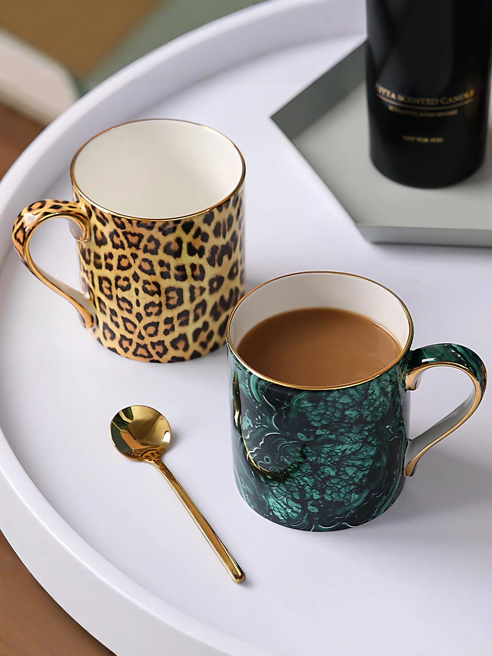 Leopard Print Bone China Mug, Gold Trim Porcelain Coffee Cup, Luxury Bone China Water Cup for Home Decor Gift