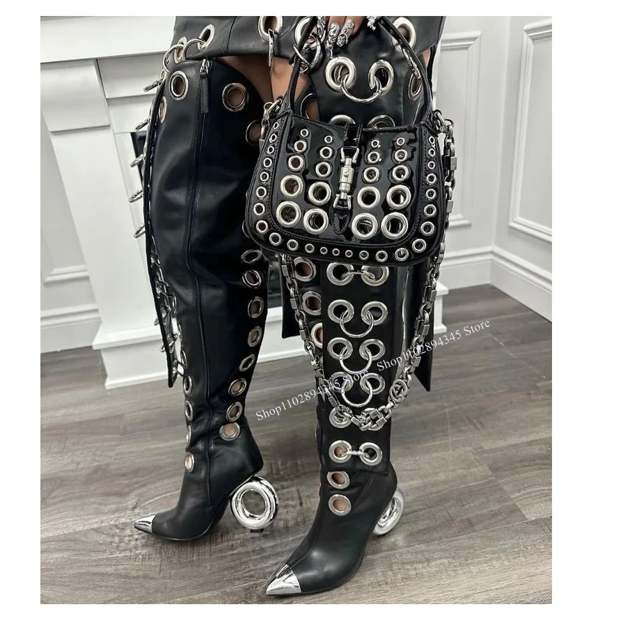 

Black Metal Ring Over Knee High Boots Strange Style Heel Pointed Toe Fashionable Sexy Western Winter Woman Shoes Zapatilla Mujer