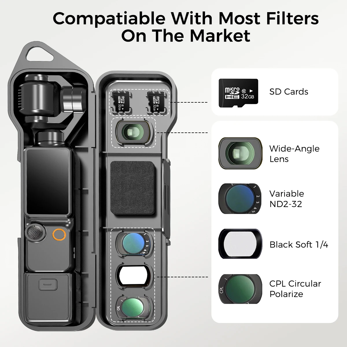 Universal for DJI Osmo Pocket 3 Pocket 4 Hard Storage Case & Glass Film Portable Carrying Box with Magnetic Filter Slots