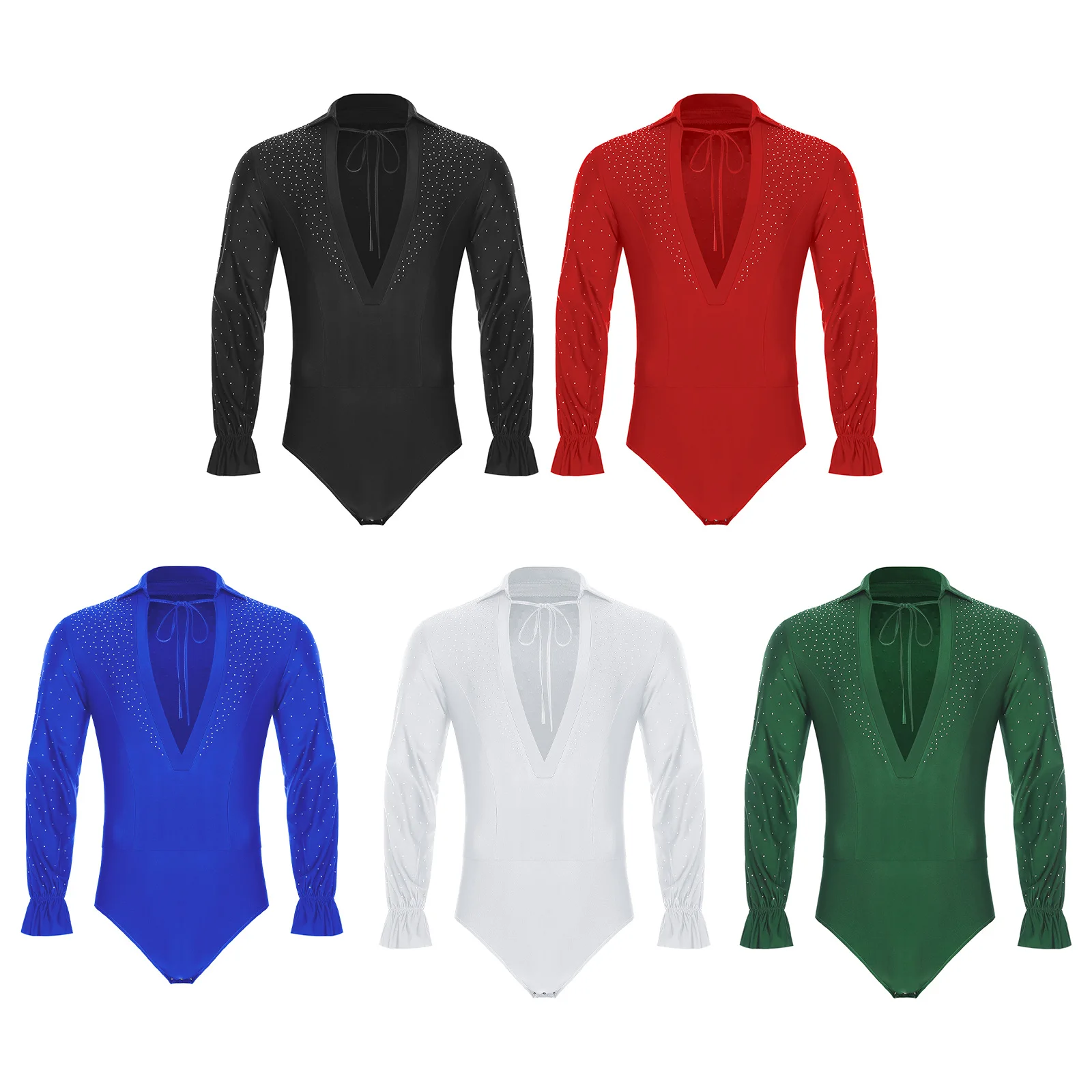 

Men Latin Jazz Dance Leotards Gymnastic Long Sleeve Glittery Rhinestones Vintage Bodysuit Leotard Dancewear for Ballet Cha-cha