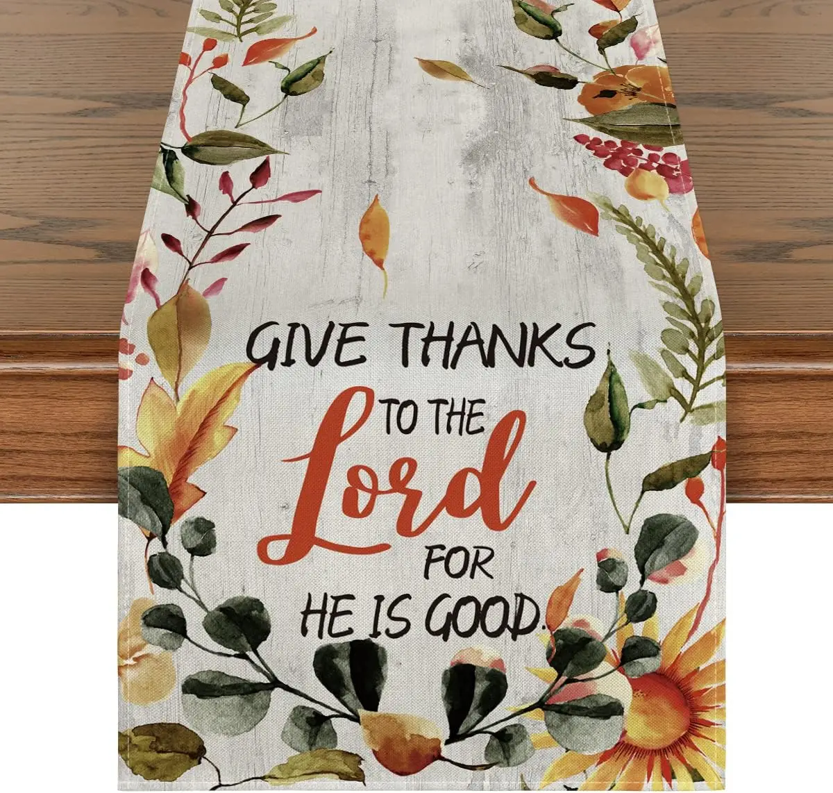 

Give Thanks To The Lord for He Is Good Thanksgiving Linen Table Runner Autumn Leaves Sunflower Dresser Scarf Table Decoratons