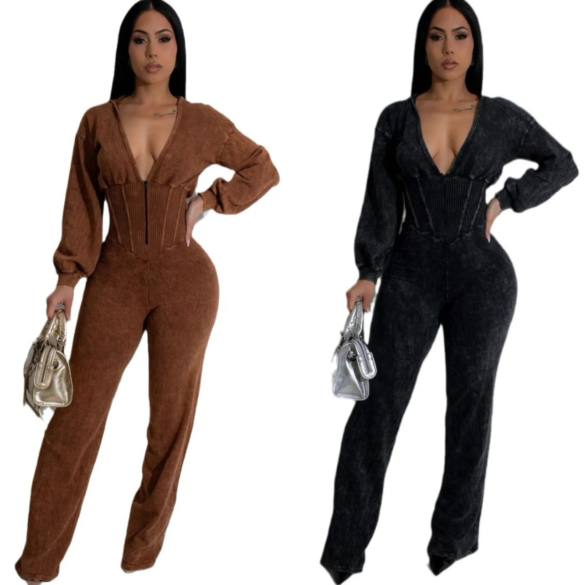 EINY Y2K Fashion Women Knit Ribbed Long Sleeve Sports Fitness Jumpsuit V-Neck Washed Street Party Outfits One Piece Suit Rompers