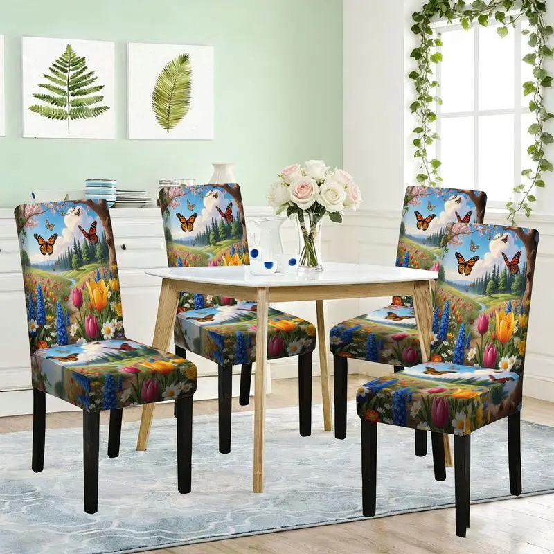 

Flat print elastic dining chair cover, spring sun grass flower butterfly stream pattern, chair cover