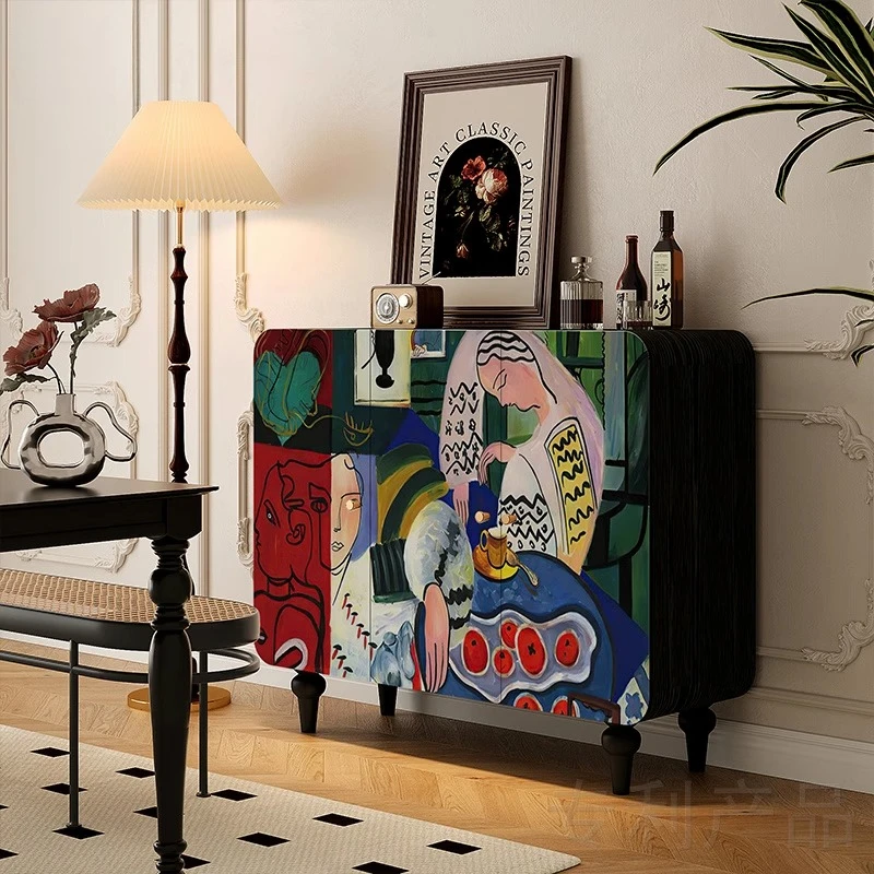 

Meiyi French retro solid wood dining side cabinet hotel restaurant homestay wall locker art painted entrance