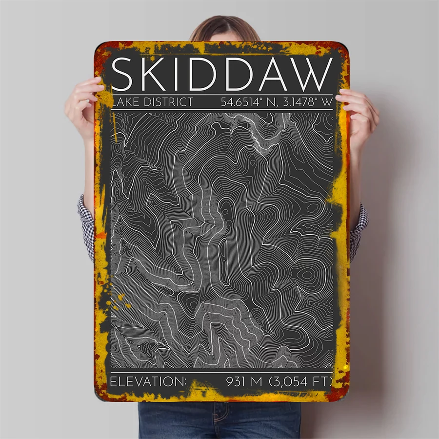Skiddaw Lake District Topographic Map Metal Wall Art Decor 931m Elevation Hiking Gift for Home Office