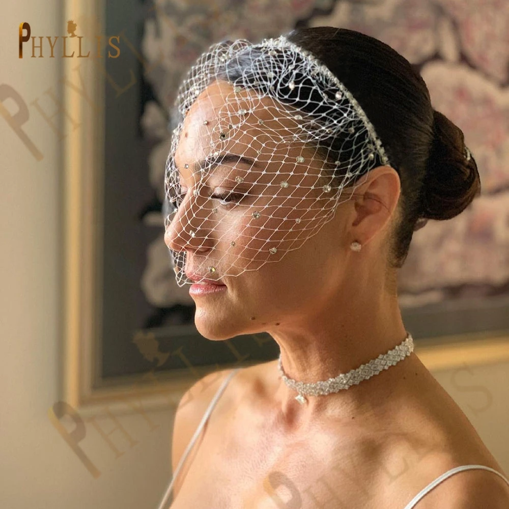 

JM22 White Black Blusher Veil Wedding Birdcage Veil Rhinestone Party Hair Accessories Face Veil Headband Veil for Bride Headwear