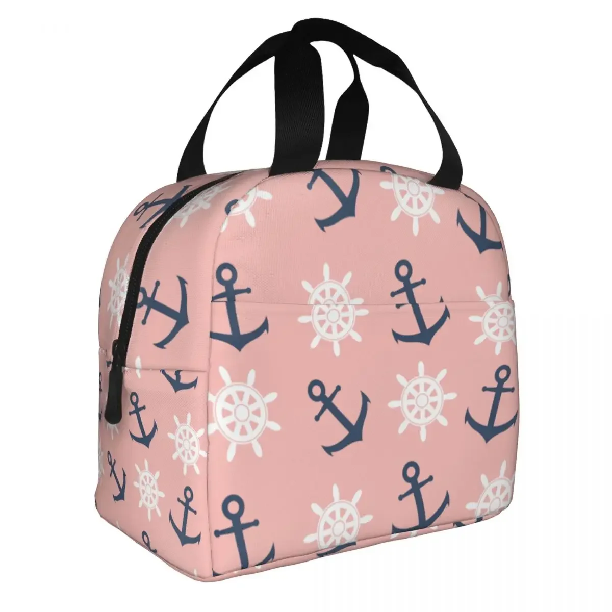 Navy Blue Anchor And Wheel Pattern Lunch Bags Portable Insulated Oxford Cooler Bags Thermal Food School Lunch Box for Women Girl