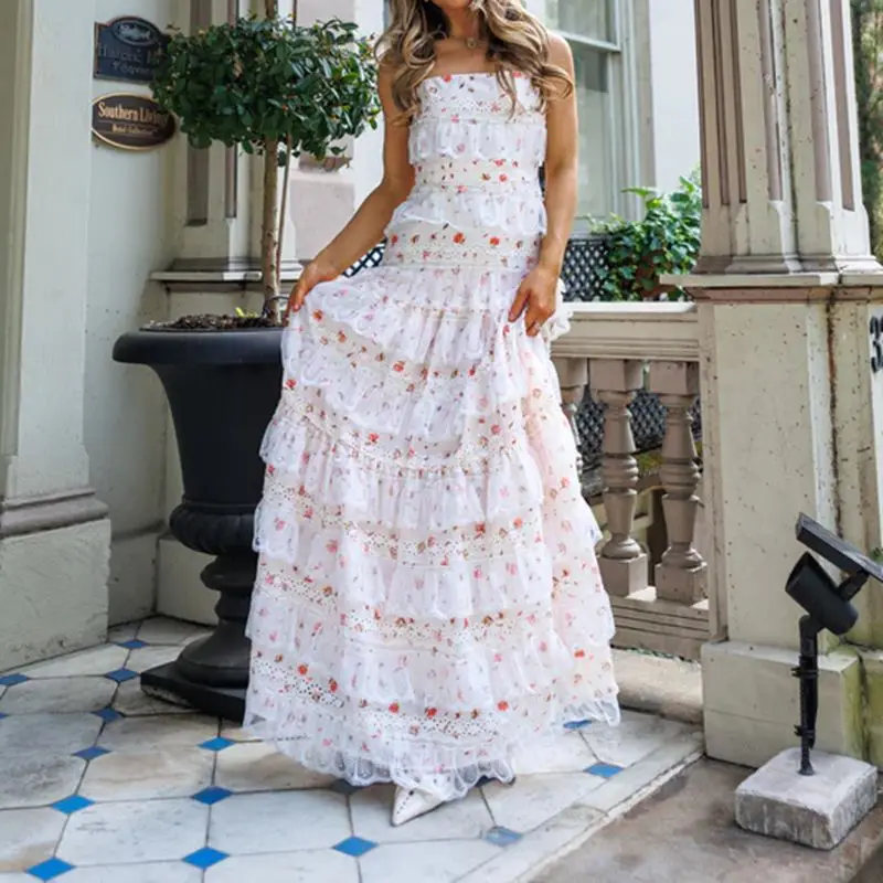 

Women Summer Adjustable Thin Shoulder Straps Sleeveless Square Neck Lace Patchwork Patchwoek A-line Cami Long Dress