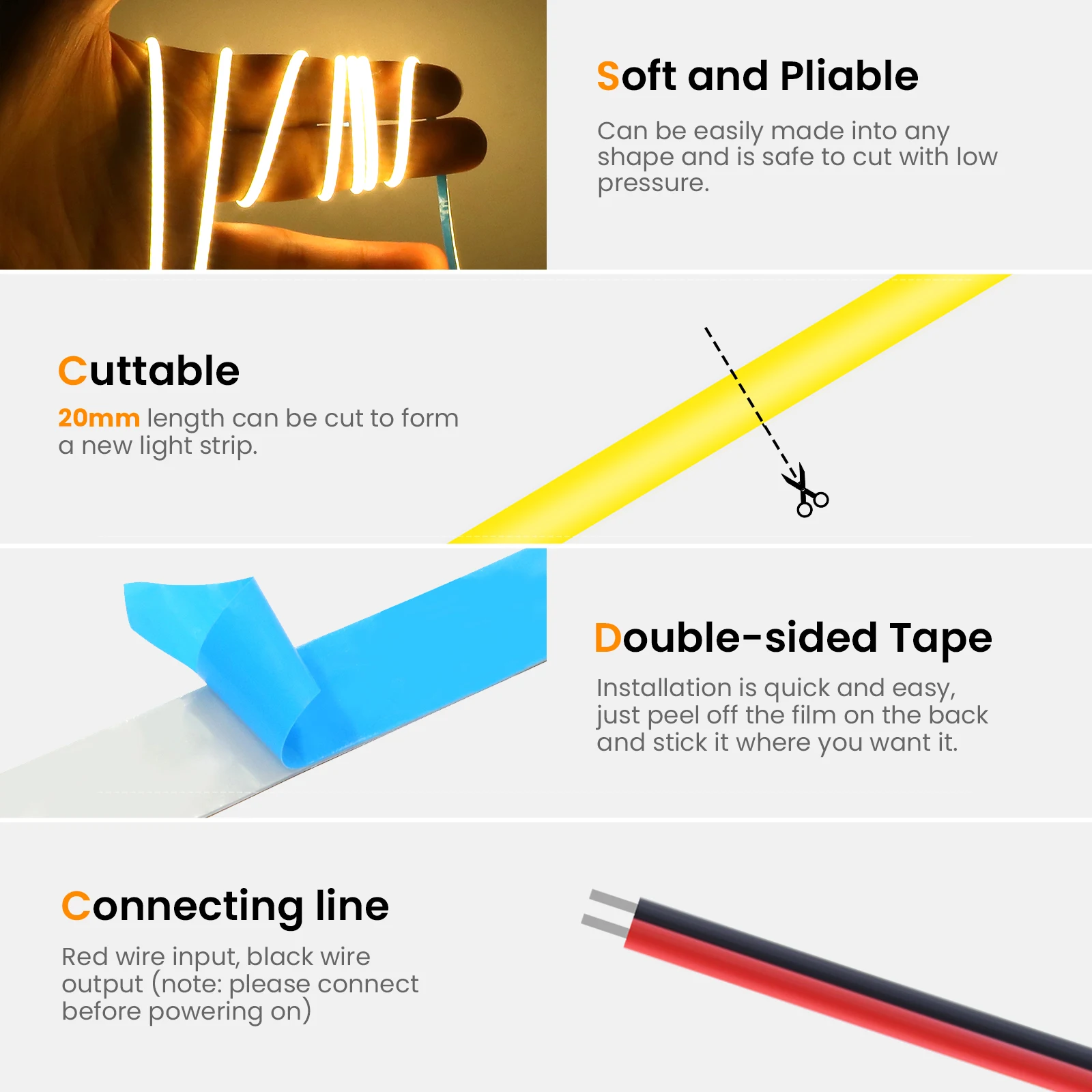 DC 12V 24V COB LED Strip Ultra Thin 3mm PCB Width FOB Lights 384LEDs/m CRI90 High Density LED Tape Flexible Liner Lighting