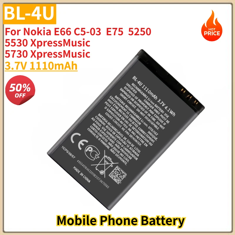 

BL-4U High Quality Phone Battery 3.7V 1110mAh for Nokia E66 C5-03 E75 5250 5530 XpressMusic 5730 XpressMusic Brand New