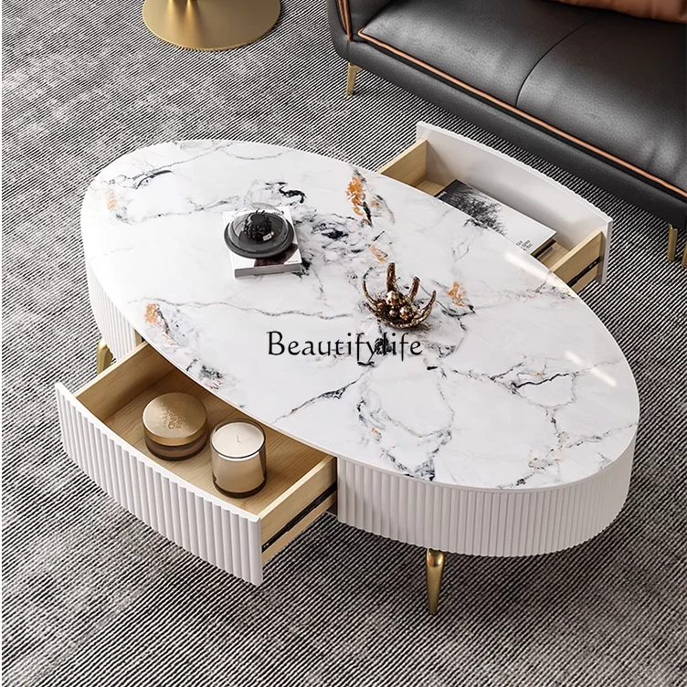 

Cream Style Oval Rock Plate Coffee Table for Living Room Home Use