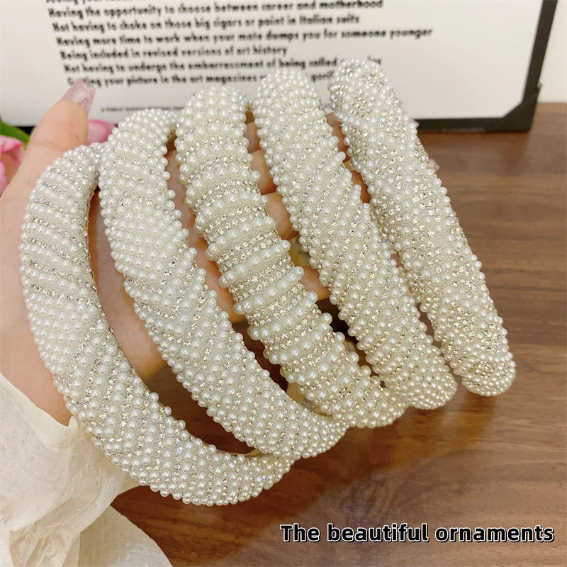 Baroque Vintage Pearl Glass Beads Bow Headband Fashion Hairbands Full Rhinestone Sponge Hair Band Hair Accessories