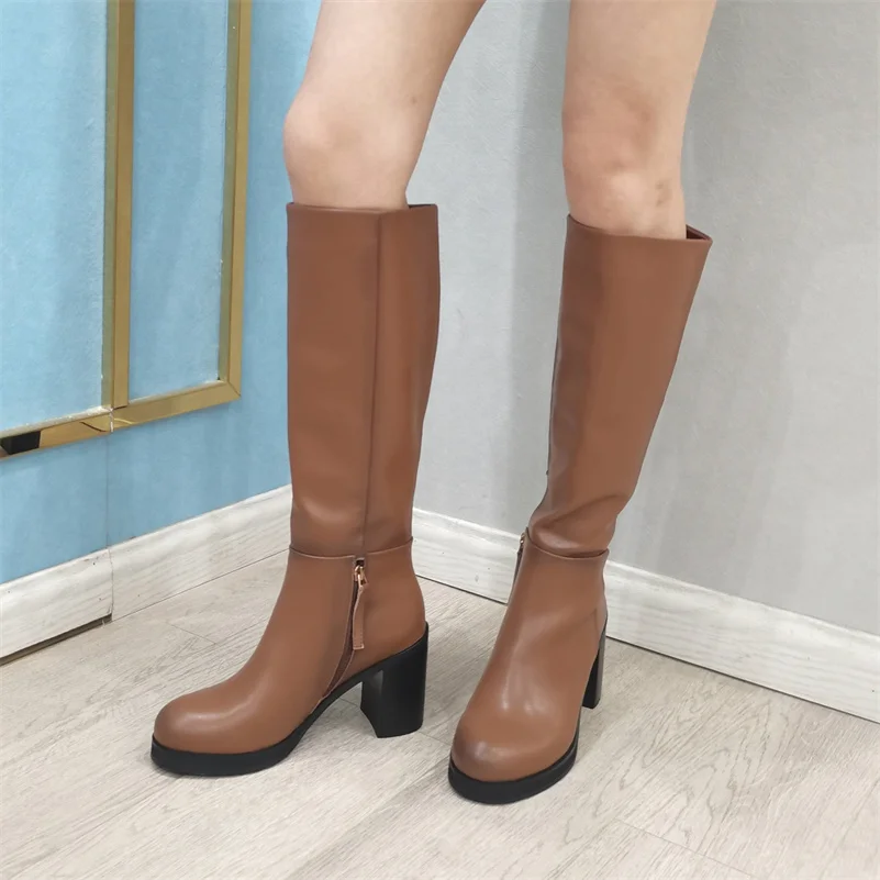 Meotina Ins Women Genuine Leather Knee High Boots Round Toe Platform Block High Heel Lady Zipper Long Boot Autumn Winter Shoes