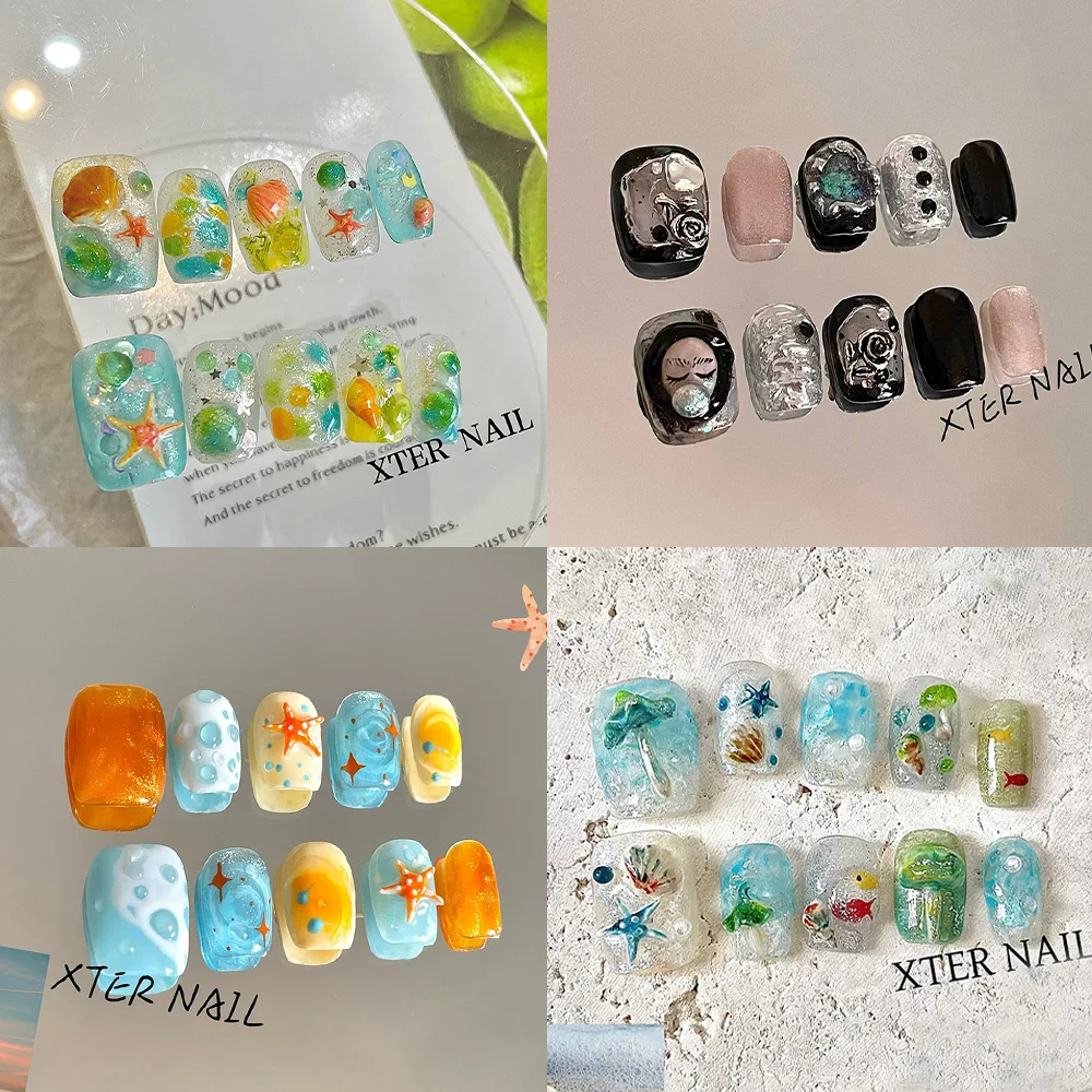

Cute Shining Korean Style Blue Bubble Starfish Shell Short Fake Nail Rose Star Glitter Nail Art Summer Cool Accessories Gift