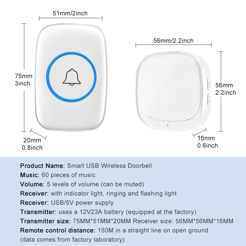 Smart Wireless Doorbell Waterproof Home Welcome Door Bell 150M/492 FT Remote 60 Songs USB Interface Doorbell For Office Shop