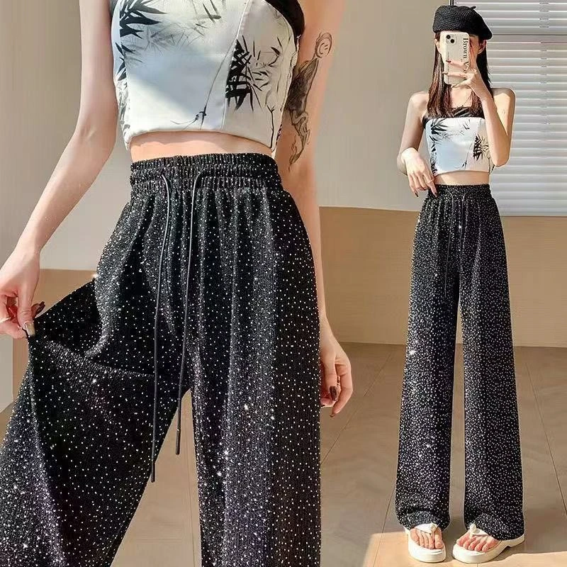 Women's Summer Ice Silk Wide Leg Pants Loose Drape Design Drawstring Floor Length Trousers Heavy Decorated Casual Bottoms​