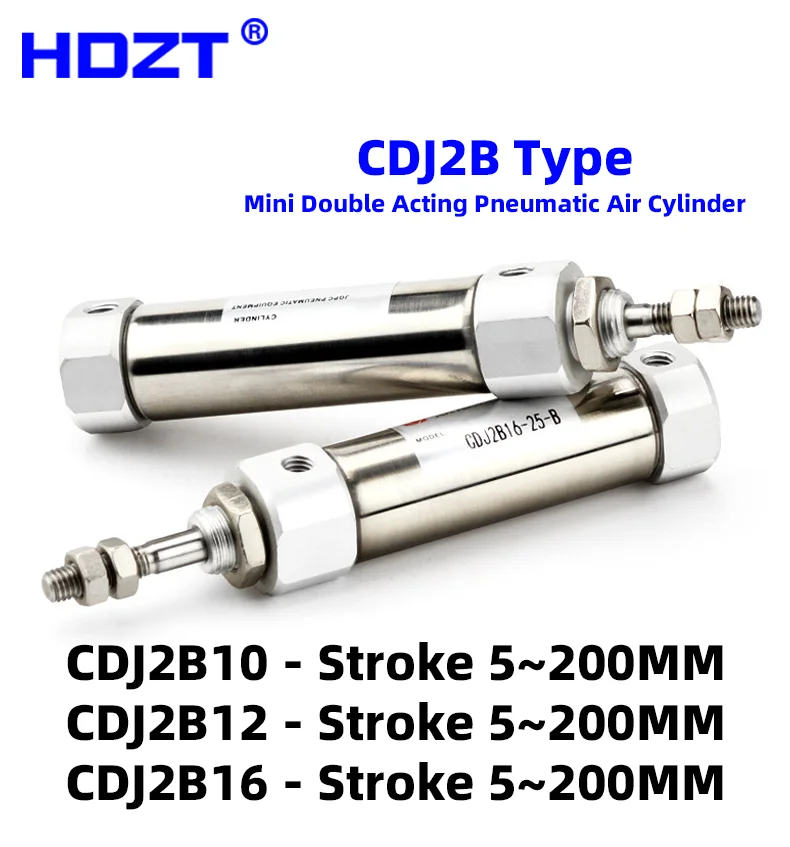 CDJ2B Mini Pneumatic Cylinder Double Acting Stainless Steel 10mm 12mm 16mm Bore Mini Air Cylinder 10/25/50/100/150/200mm Stroke