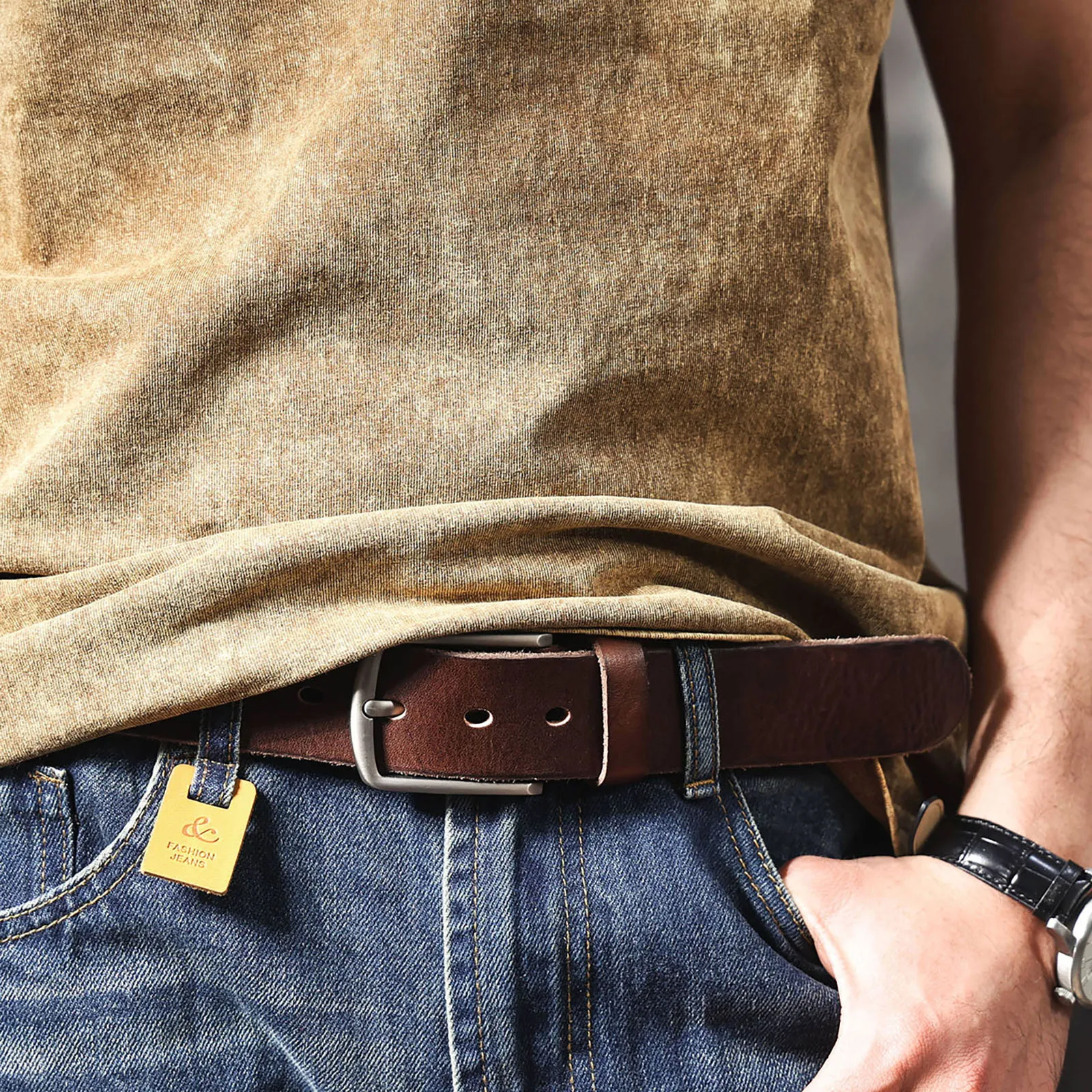 Retro Casual Echtleder Herren-Gürtel mit Dornschließe und Geschenkbox, Studentengürtel, Einfacher Klassischer Gürtel – Detail 6