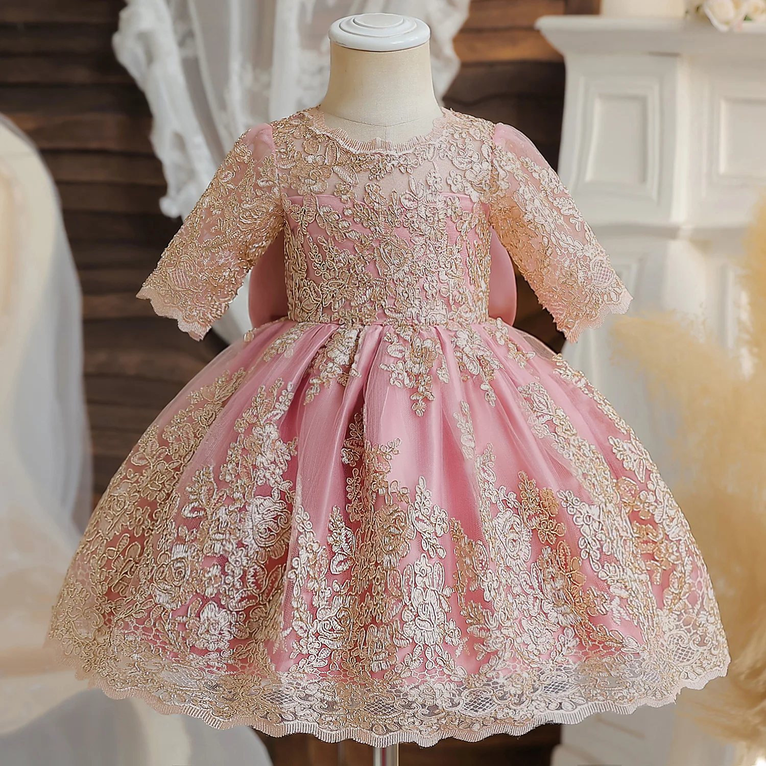 Baby Girl First Birthday Party Formal Dress Embroidery Flower Vintage Dress Wedding Christening Ceremony Dress