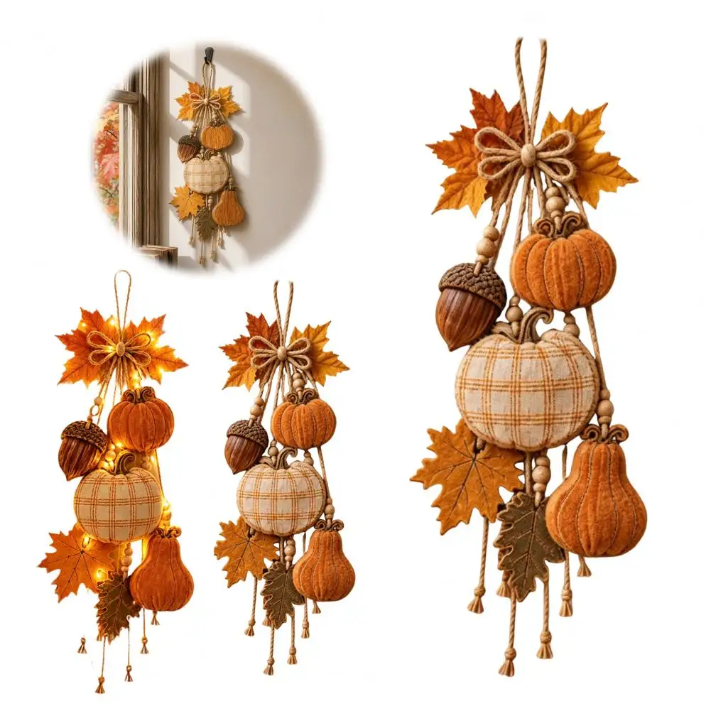 Rustic Pumpkin Hanging Swag, Wooden Pumpkin Ornament with Optional Warm LED Lights, Fall Front Door Hanger for Farmhouse Wall De