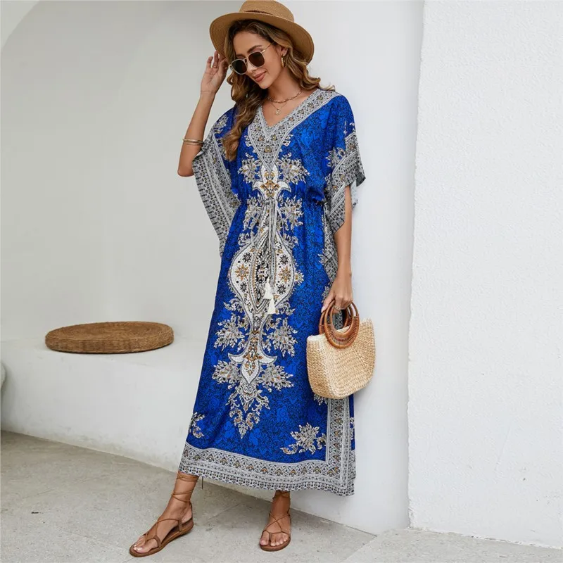 Bohemian V-neck Short Sleeve Beach Smock Dress Women 2024 Summer Loose Casual Sunscreen Print Boho Long Dresses For Women