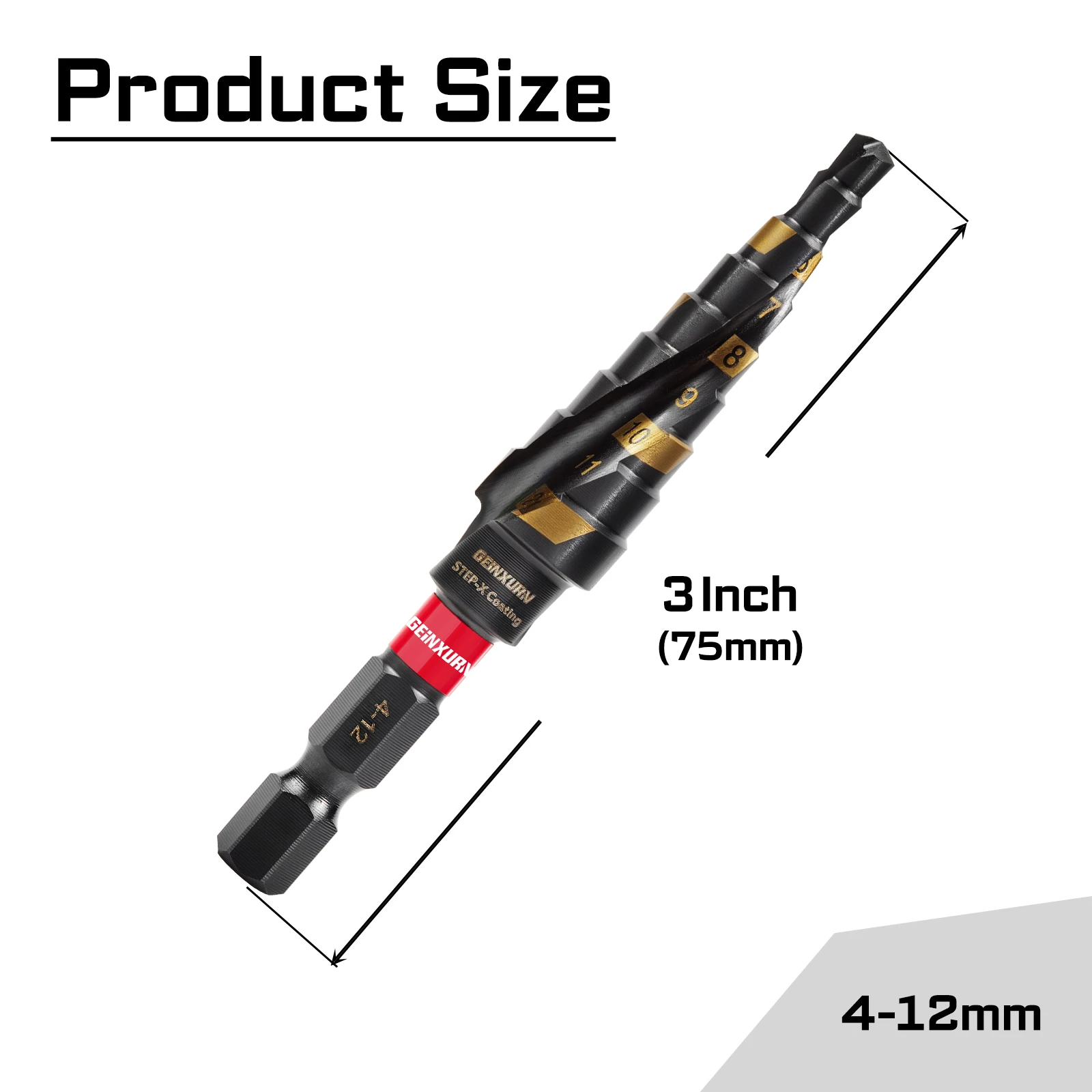 Geinxurn 3inches Titanium Step Drill Bit Set, Spiral Flute Fast Chip Removal & Quick Release Shank for Metal, Wood, Plastic