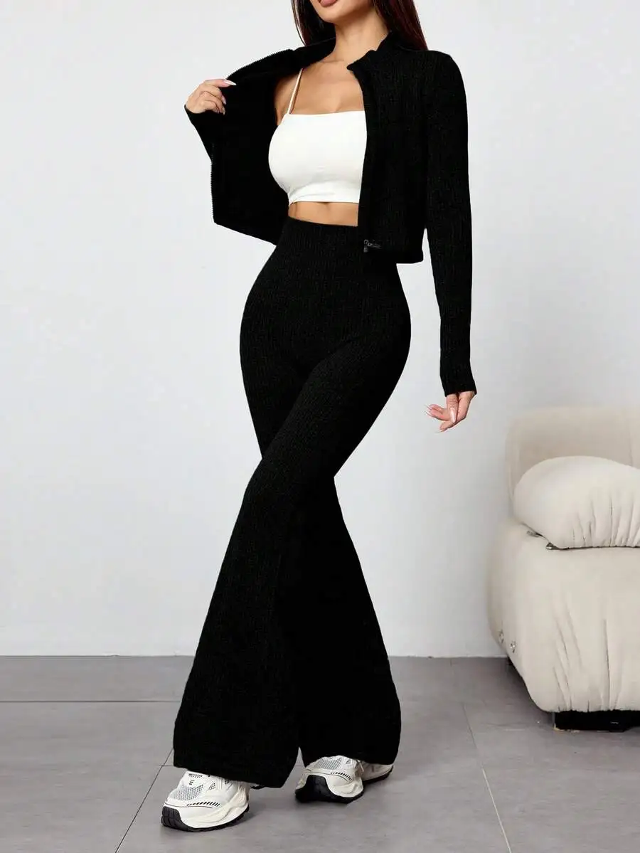 

Womens Seamless Zip-Up Crop Top And High Waist Flared Leggings Set Black