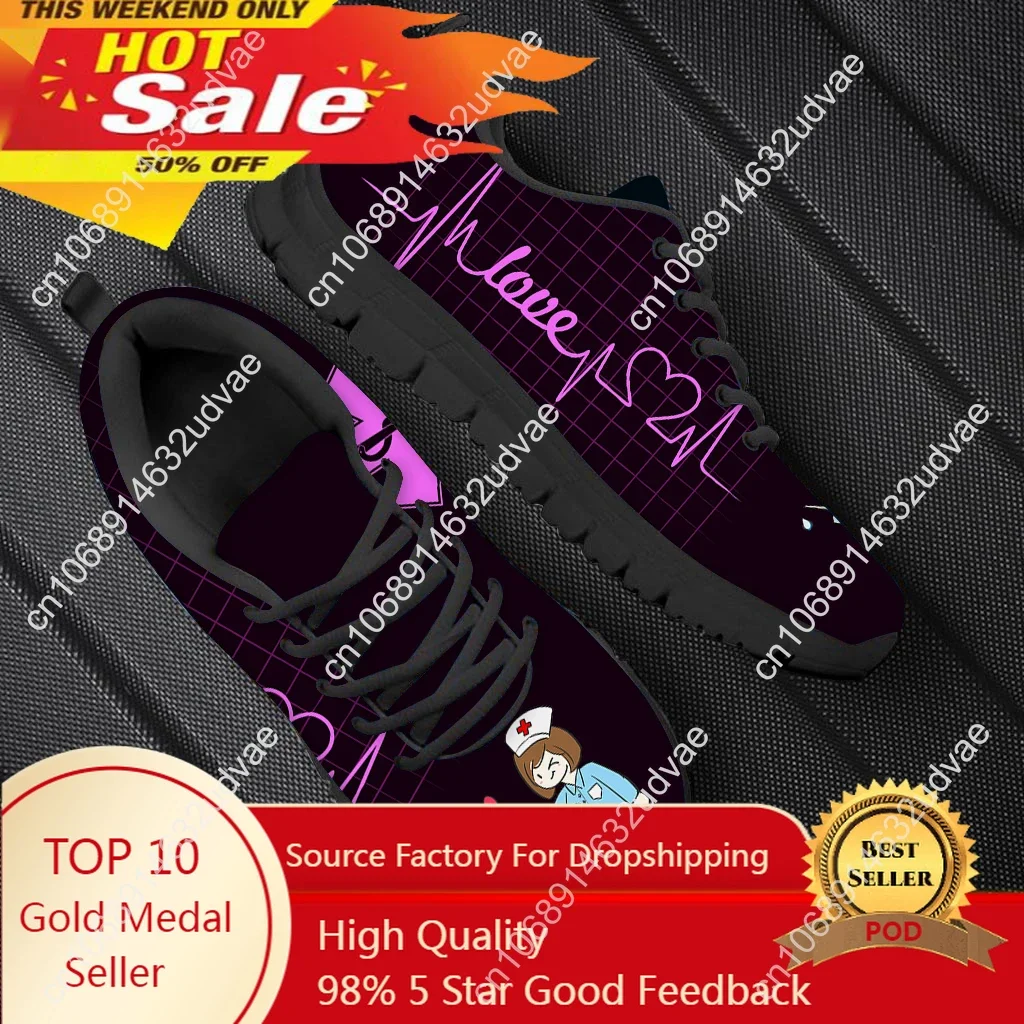 Kawaii Nurse Doctor Print Flat Shoes For Women Purple ECG Heart Beat Footwear Hospital Worker Zapatos De Mujer