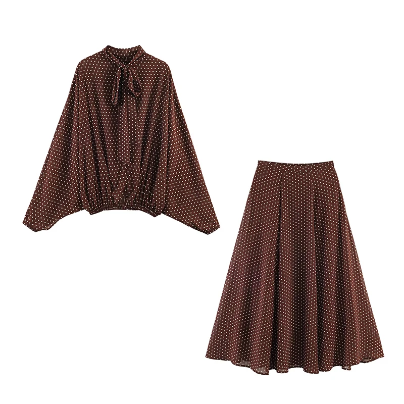 Polka Dot Gedrukt Midi Rokken Tweedelige Sets voor Vrouwen 2025 Zomer Chic Strik Gebonden Blouse Top Suits Vrouw 2-delige Outfits