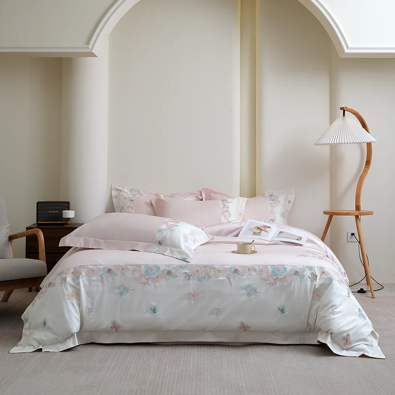 

Роскошный комплект постельного белья из 100% хлопка с цветочной вышивкой, пододеяльник из египетского хлопка, простыня/простыня, наволочки, 4 шт.